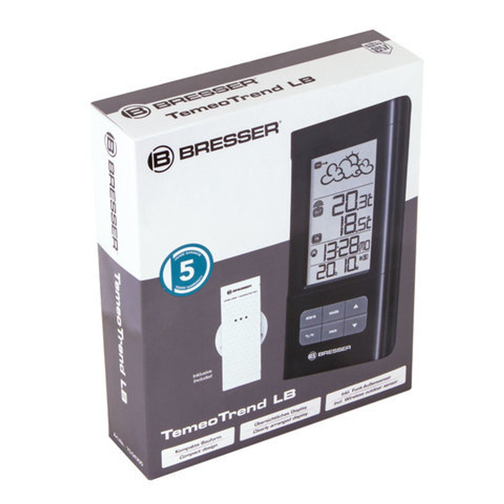 Метеостанция BRESSER TemeoTrend LB, термодатчик, часы, будильник, календарь, черный, 73263