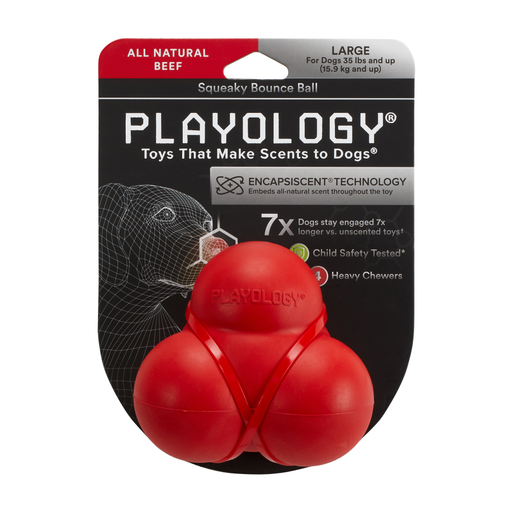 Playology жевательный тройной мяч SQUEAKY BOUNCE BALL для собак средних и крупных пород с пищалкой и с ароматом говядины, цвет красный