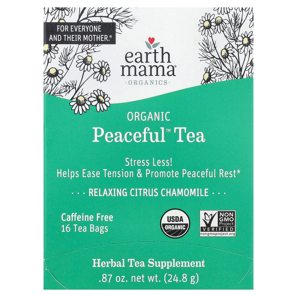 Earth Mama, Organics, Organic Peaceful™ Tea, расслабляющий чай с цитрусовыми и ромашкой, без кофеина, 16 чайных пакетиков, 24,8 г (0,87 унции)
