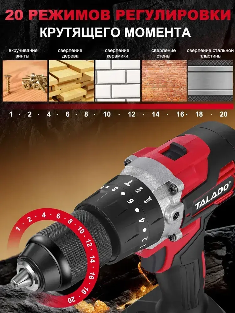 TALADO шуруповерт аккумуляторный бесщеточный 13мм шуруповерт для ледобура 120 HM 21В с двумя аккумуляторами 4 Ач