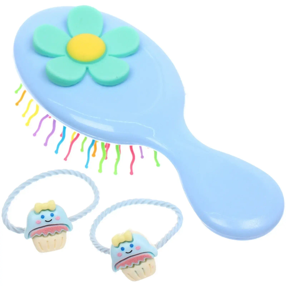 Расческа массажная детская и 2 резинки «МИЛА», ромашка, цвет голубой, 14*5,5см (пакет с подвесом)