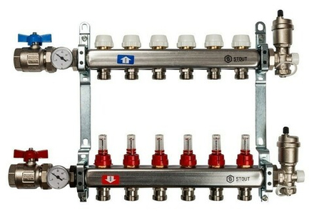 Коллектор из нержавеющей стали в сборе с расходомерами STOUT 6 выходов SMS 0907 000006