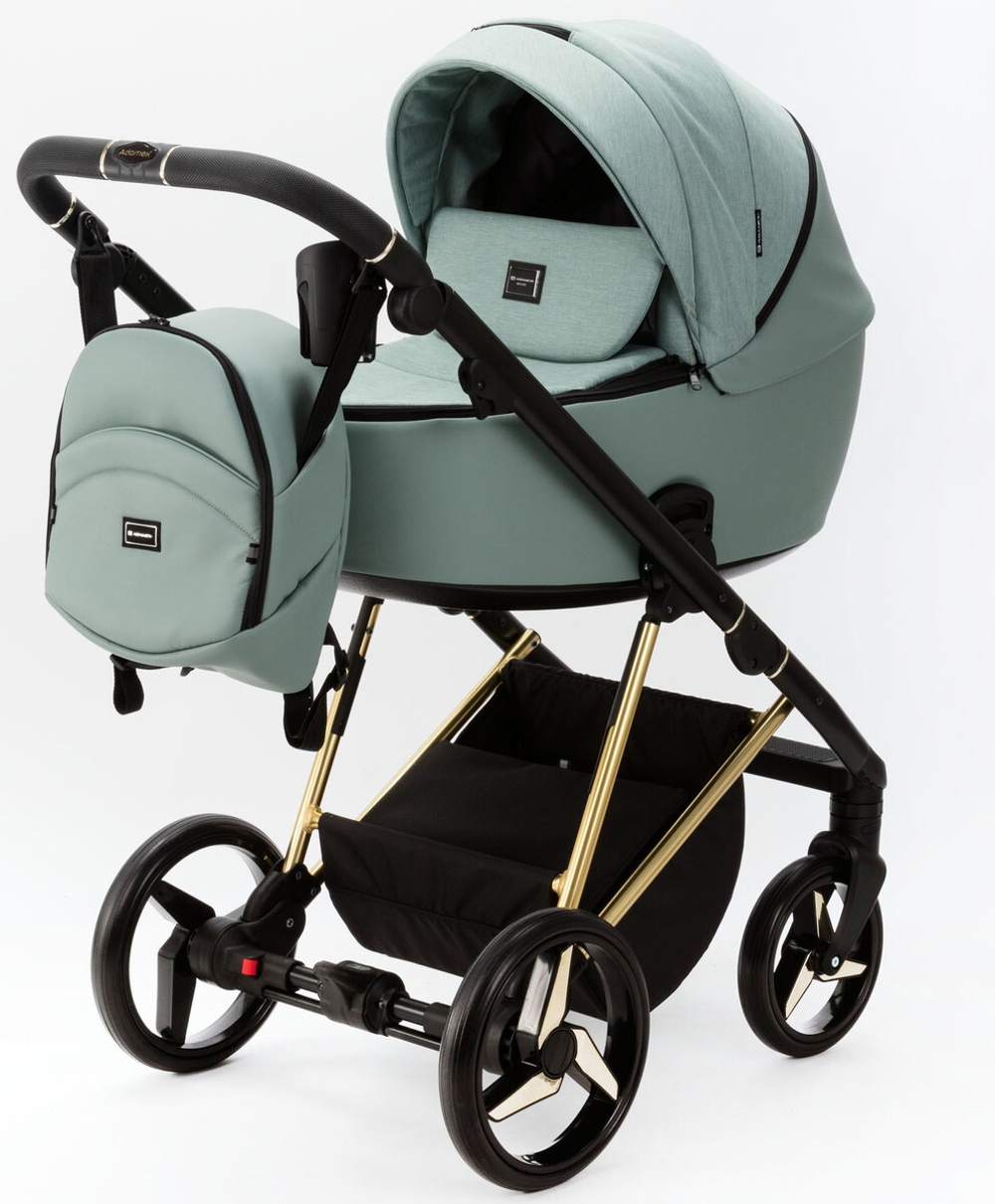Детская коляска Adamex Blanc Special Edition 2 в 1 BL-PS777 (СЕРО-ЗЕЛ.ТК+ СЕР-ЗЕЛ.КОЖА+ЗОЛОТО РАМА)