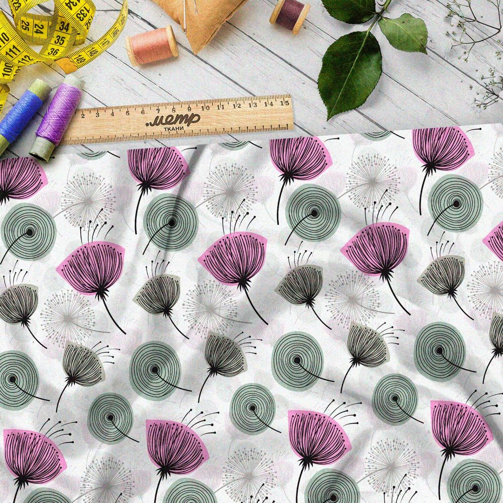 Ткань блэкаут цветные одуванчики на белом фоне