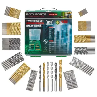 Сверла, набор комбинированный 130пр. (по металлу: 1-6, 8, 10мм, по бетону: 4-6, 8, 10мм, по дереву: 4-6, 8, 10мм) RockFORCE RF-924U130