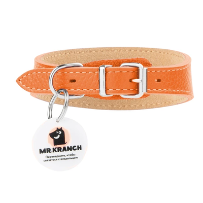 Ошейник-селедка mr.kranch для собак из натуральной кожи с qr-адресником, 29-35см, оранжевый (34002)