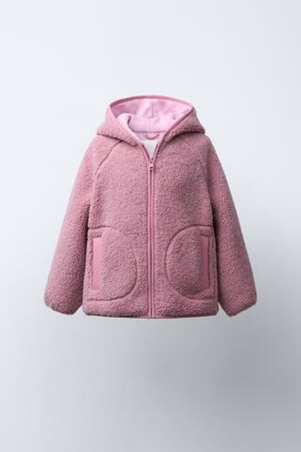ZARA КУРТКА ИЗ ИСКУССТВЕННОЙ ОВЧИНЫ С КАПЮШОНОМ, РОЗОВЫЙ