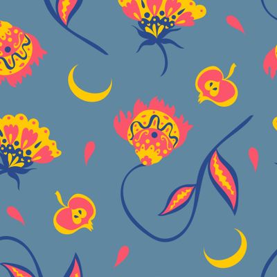 Осенние узорчатые цветы и ягоды на голубом фоне. Autumnal patterned flowers and berries on blue background