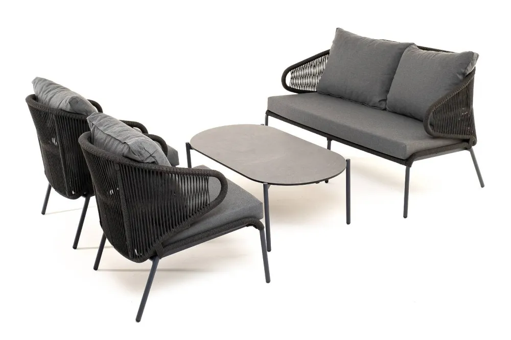 "Милан" лаунж-зона 4-местная плетеная из роупа (веревки), каркас алюминиевый темно-серый, роуп темно-серый