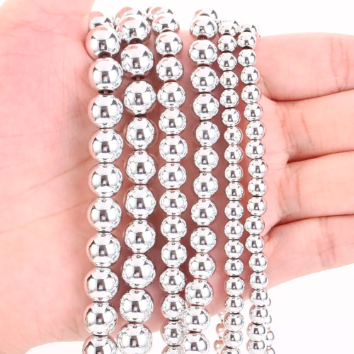 Гематит бусины шарик 2/3/4/6/8/10/12 мм, на нитке 38 см, цвет: Серебро