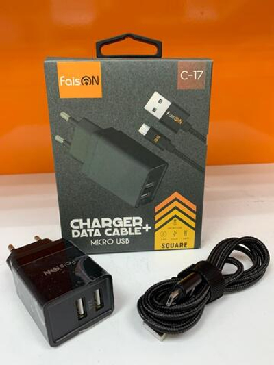 Блок питания сетевой 2 USB FaisON C-17, Square, 2400mA, кабель микро USB 1.0м, цвет: чёрный