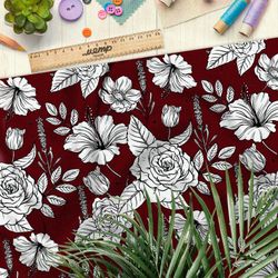 Ткань бифлекс рисунок белых роз на бордовом фоне