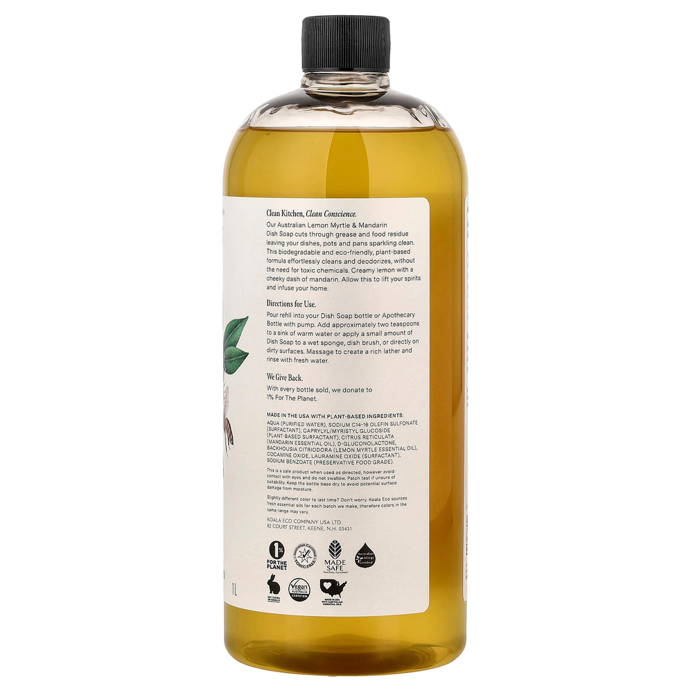 Koala Eco, натуральное средство для мытья посуды, запасной блок, с эфирным маслом австралийского лимонного мирта и мандарина, 1 л (33,8 жидк. унции)