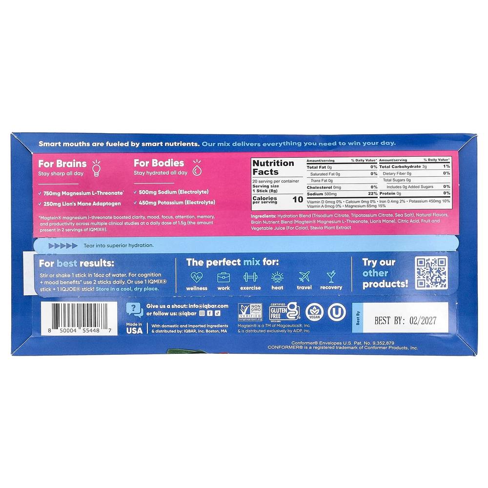 IQBAR, IQMIX®, смесь для увлажнения, чистоты и настроения, со вкусом голубики и граната, 20 стиков по 8 г (0,28 унции)