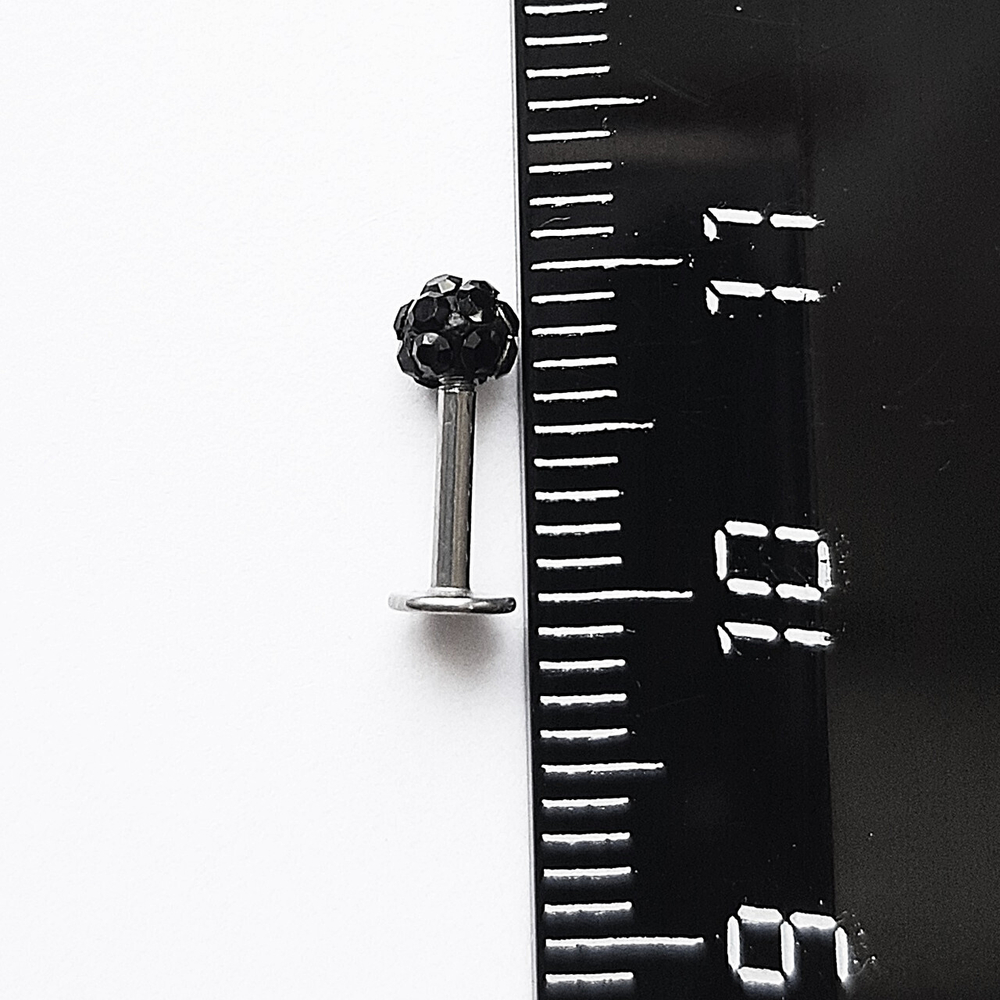 Набор 3 шт. Лабрет 6, 8, 10 мм " Черный кристалл"для пирсинга губы. Толщина 1,2 мм. Медицинская сталь
