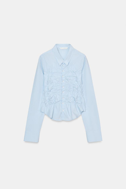 ZARA РУБАШКА ИЗ ПОПЛИНА С ЭЛАСТИЧНЫМИ СБОРКАМИ, НЕБЕСНО-ГОЛУБОЙ