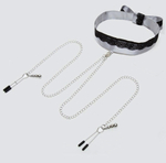 Атласный ошейник с зажимами для сосков Play Nice (Цвет: серебристый с черным)