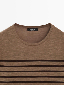 Massimo Dutti Футболка из смесового хлопка в полоску с длинными рукавами, светло-коричневый