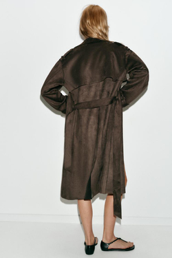 ZARA ДЛИННЫЙ ТРЕНЧ ИЗ ИСКУССТВЕННОЙ ЗАМШИ С ПОЯСОМ, СВЕТЛЫЙ ХАКИ