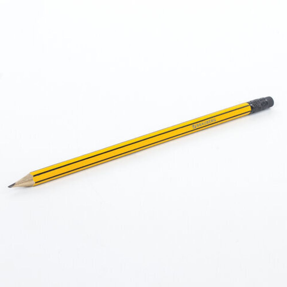 Карандаш чернографитный BRAUBERG, 1 шт., НВ, с резинкой, корпус желтый с черными полосами, заточенный, 180614