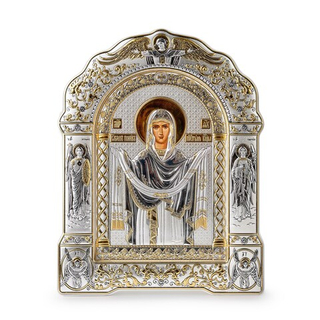 Покрова БМ, икона арочная с рамкой, белое дерево 167х228