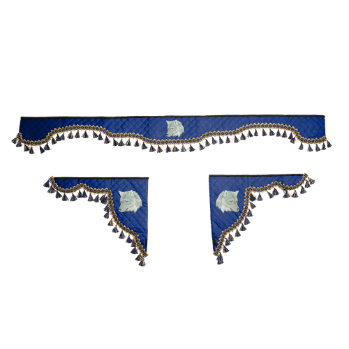 Ламбрекен с косынками универсальные стеганые Волк (экокожа, синий, синие кисточки)