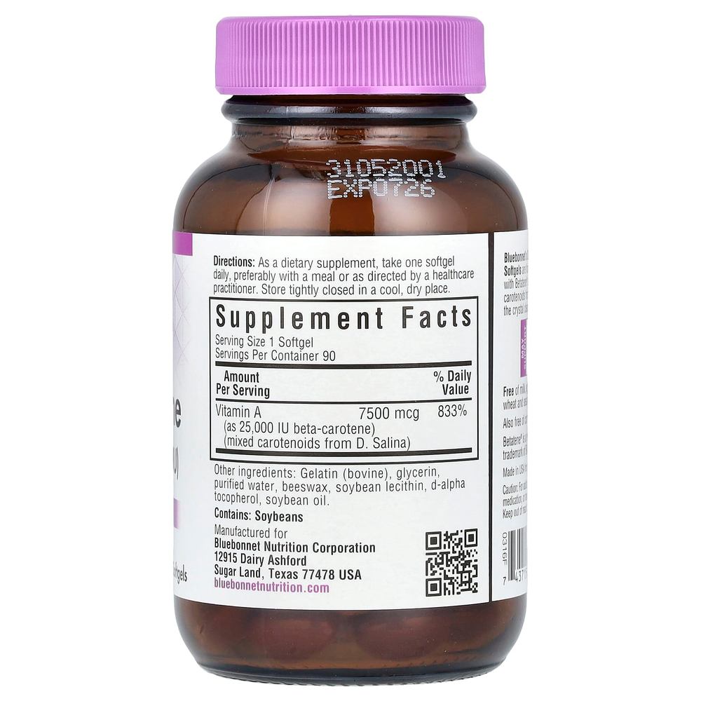 Bluebonnet Nutrition, философии. Salina, бета-каротин, 7500 мкг (25 000 МЕ), 90 мягких таблеток