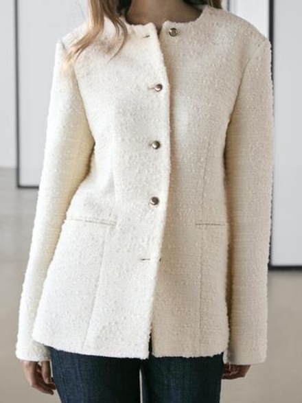 Massimo Dutti Жакет из смесовой шерсти с рельефным узором и пуговицами со стразами, белый