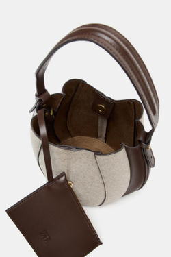 ZARA ТКАНЕВАЯ СУМКА-МЕШОК С ОТДЕЛКОЙ СТРОЧКОЙ, ЭКРЮ