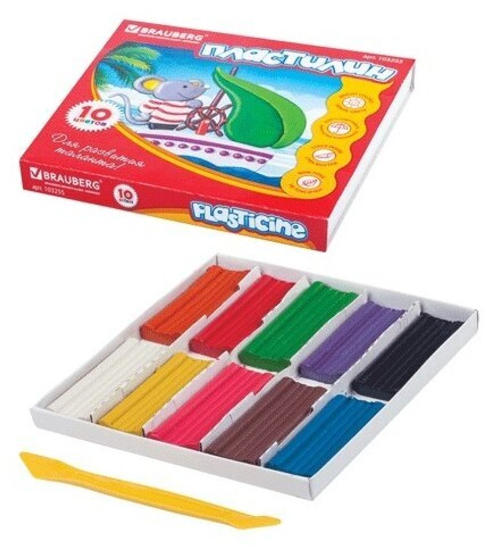 Пластилин классический BRAUBERG "АКАДЕМИЯ", 10 цветов, 200 г, со стеком, картонная упаковка, 103255