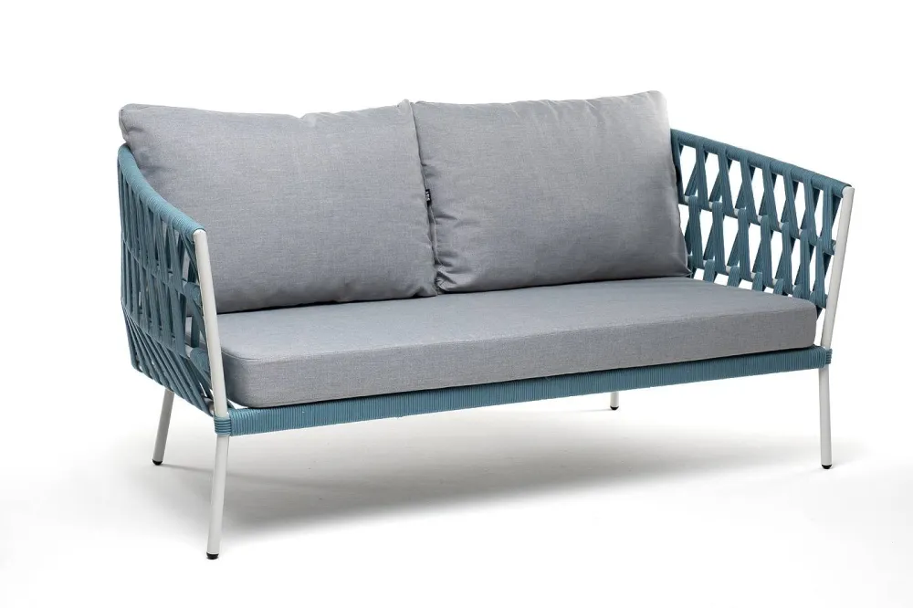 "Диего" диван 2-местный плетеный из роупа, каркас алюминий светло-серый (RAL7035) муар, роуп бирюзовый круглый, ткань светло-серая
