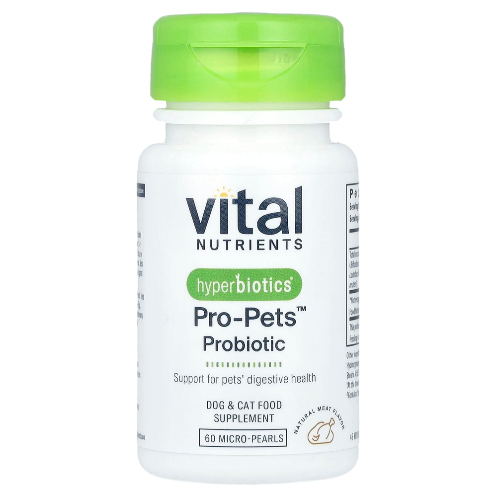 Vital Nutrients, Hyperbiotics®, Pro-Pets ™, пробиотик, для собак и кошек, натуральное мясо, 60 микрогранул