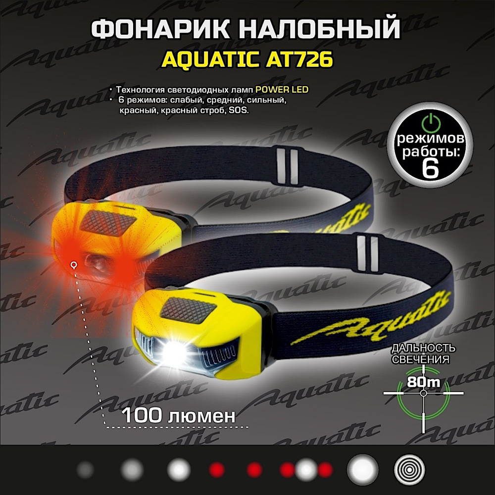 Фонарь налобный Aquatic AT726 100лм 80м 5ч 2xAAA