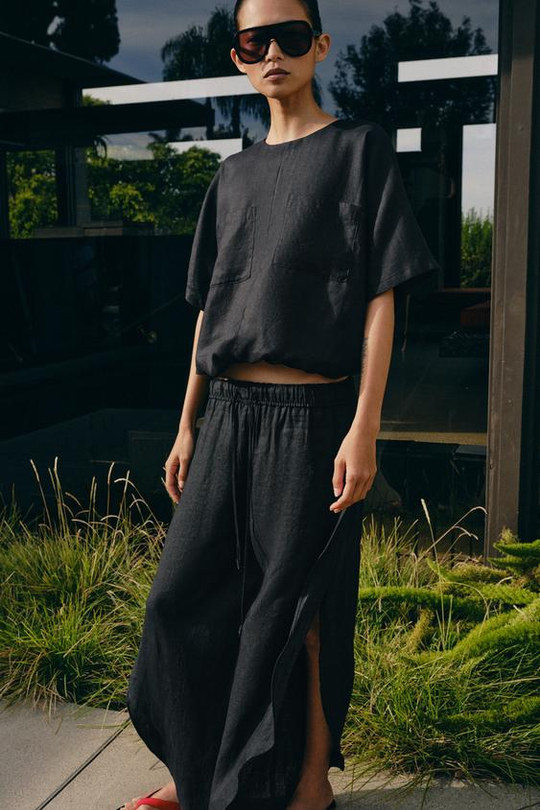 ZARA ЛЬНЯНОЙ ТОП НА ШНУРКАХ — ZW COLLECTION, ЧЕРНЫЙ