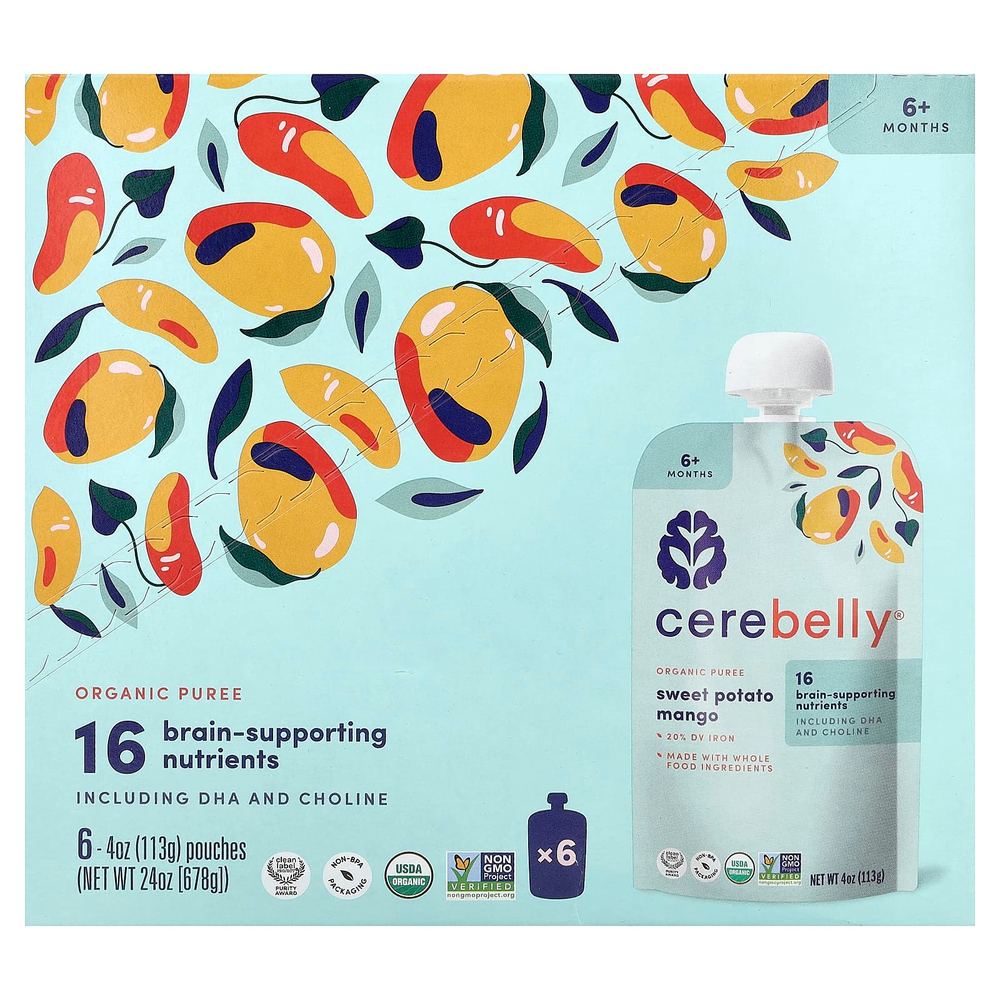 Cerebelly, органическое пюре, для детей от 6 месяцев, батат и манго, 6 пакетиков по 113 г (4 унции)