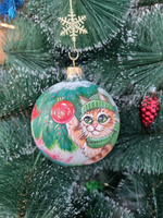 Шар стеклянный  "котик на ёлке" ручная роспись