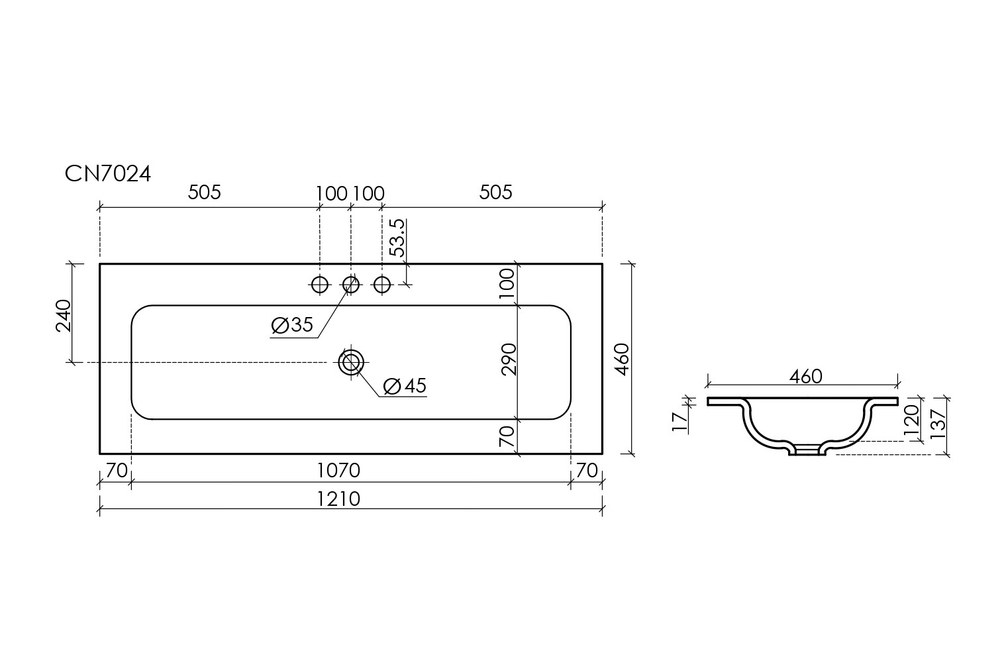 Раковина накладная мебельная CERAMICANOVA Grace прямоугольная 1210x457x137 с тремя отверстиями под смеситель цвет черный матовый CN7024MB