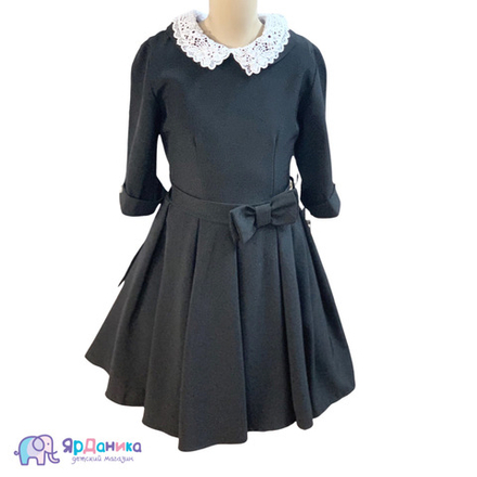 Платье школьное черное с рукавом, ворот кружево с жемчугом