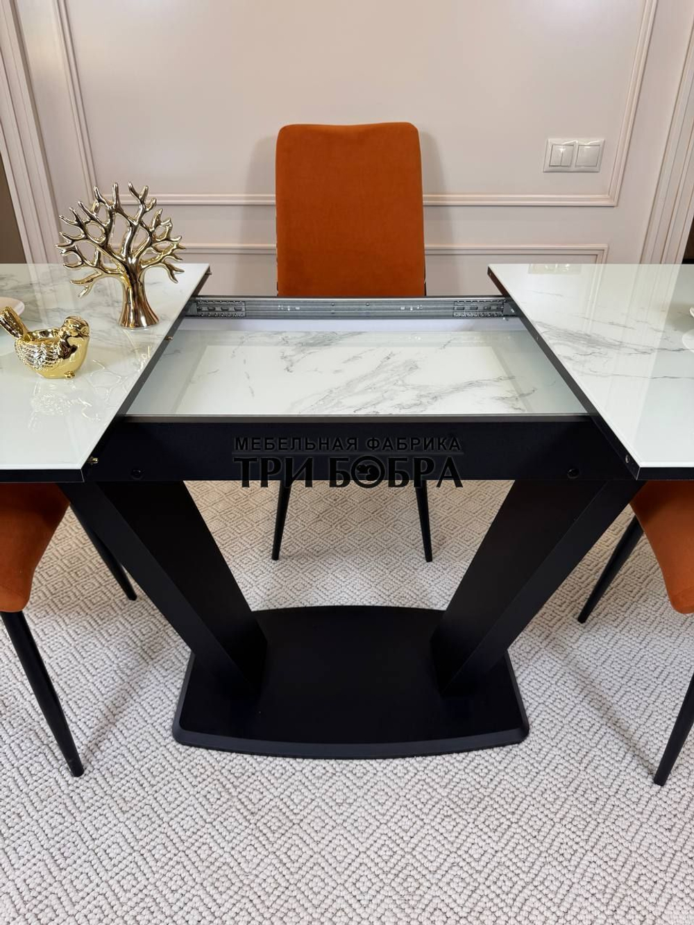 Кухонный раскладной стол "Прадо" белый мрамор и 4 стула ТРОПИК