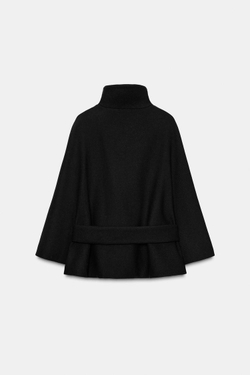 ZARA КОРОТКОЕ ПАЛЬТО-НАКИДКА С ПОЯСОМ ИЗ ШЕРСТИ, ЧЕРНЫЙ