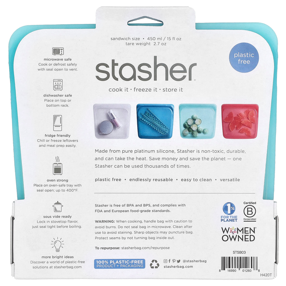 Stasher, Aqua, многоразовый силиконовый контейнер для еды, удобный размер для бутербродов, средний, 450 мл (15 жидк. унций)