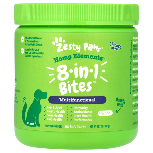 Zesty Paws, Hemp Elements ™, укусы 8-в-1, для собак, для всех возрастов, курица, 90 жевательных таблеток, 360 г (12,7 унции)