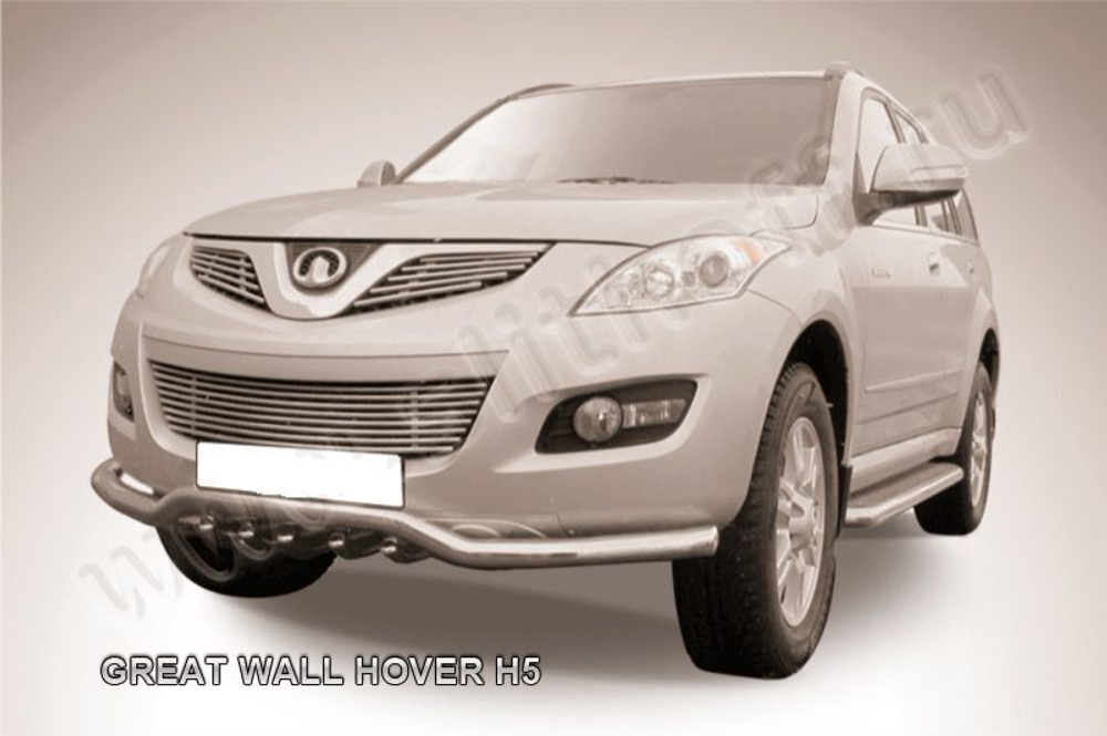 Защита переднего бампера (нержавейка) Great Wall Hover H5 (2010-2017) d57 волна с защитой картера (черный)