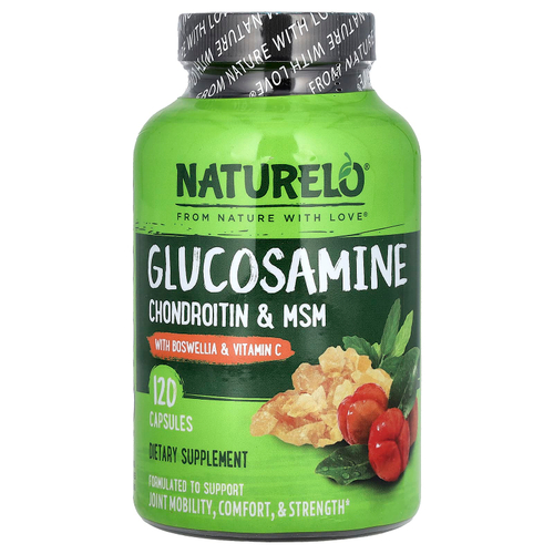 NATURELO, Глюкозамин, хондроитин и МСМ с босвеллией и витамином C, 120 капсул
