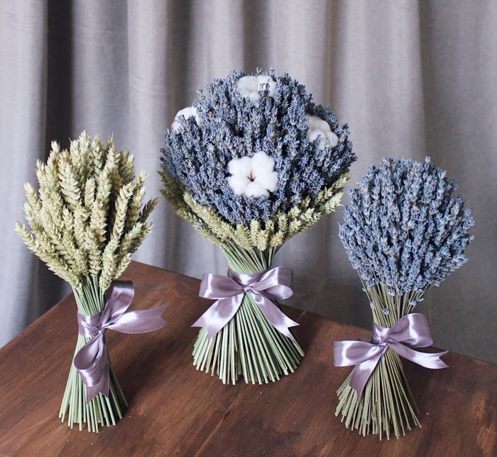 Интерьерный набор букетов сухоцветов из лаванды, хлопка и пшеница