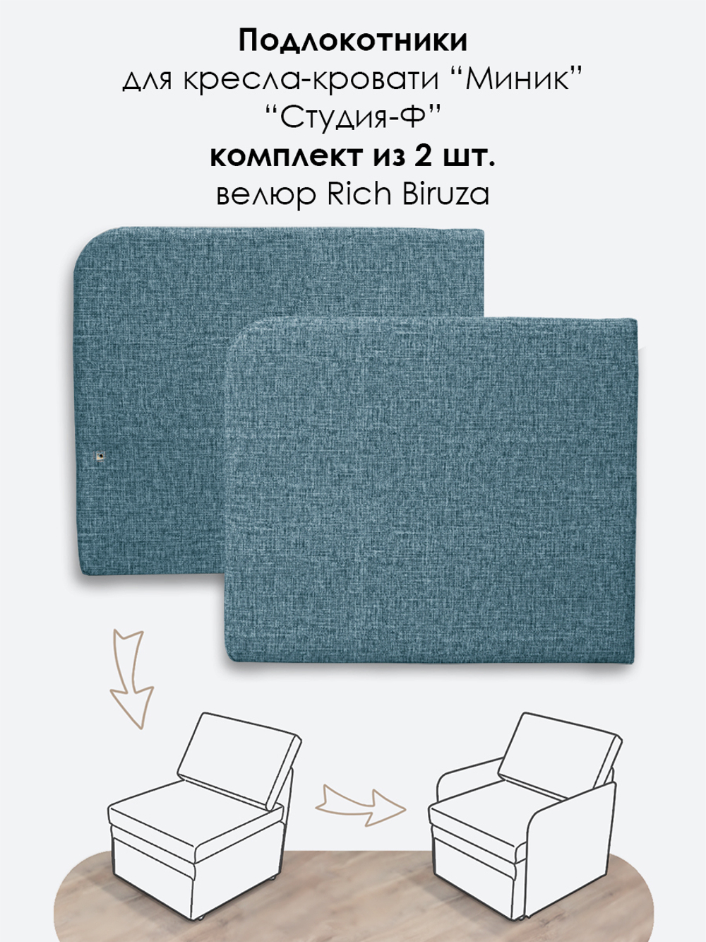 Подлокотники для кресла-кровати Миник, комплект из 2 шт (левый и правый), велюр Rich Biruza