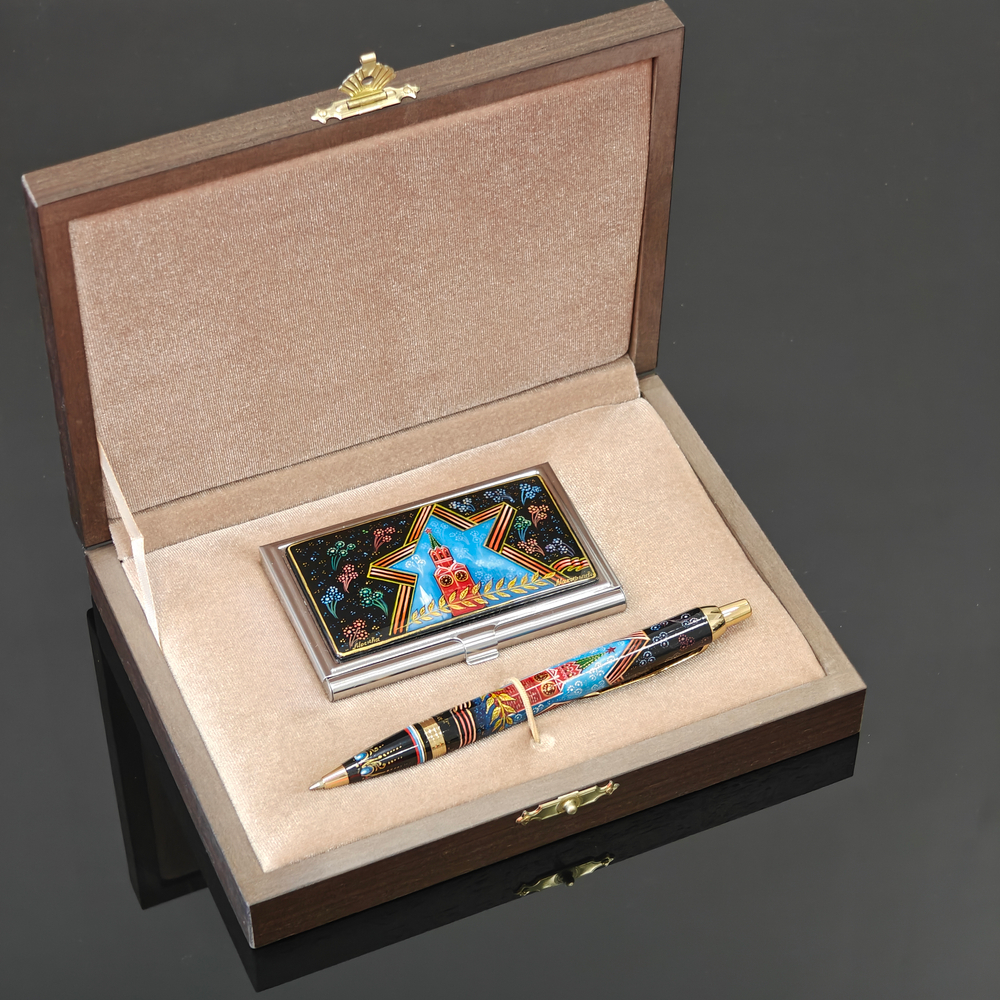 Набор "Кремль. Звезда" с визитницей и ручка c роспись. Палех