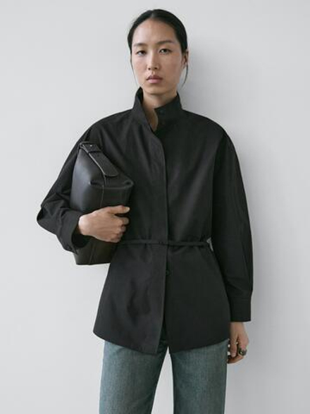 Massimo Dutti Рубашка с высоким воротником и ремешком, черный