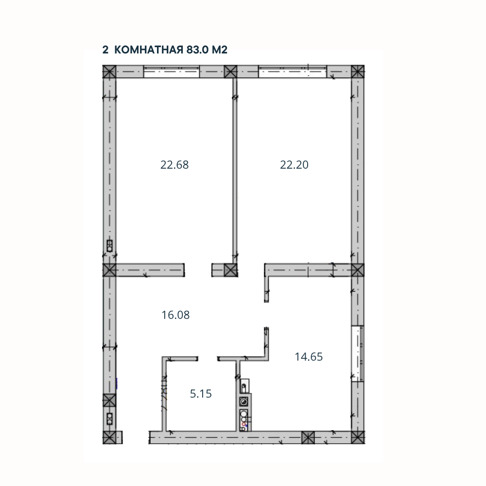 2-комн. квартира, 83 м²; 1 этаж