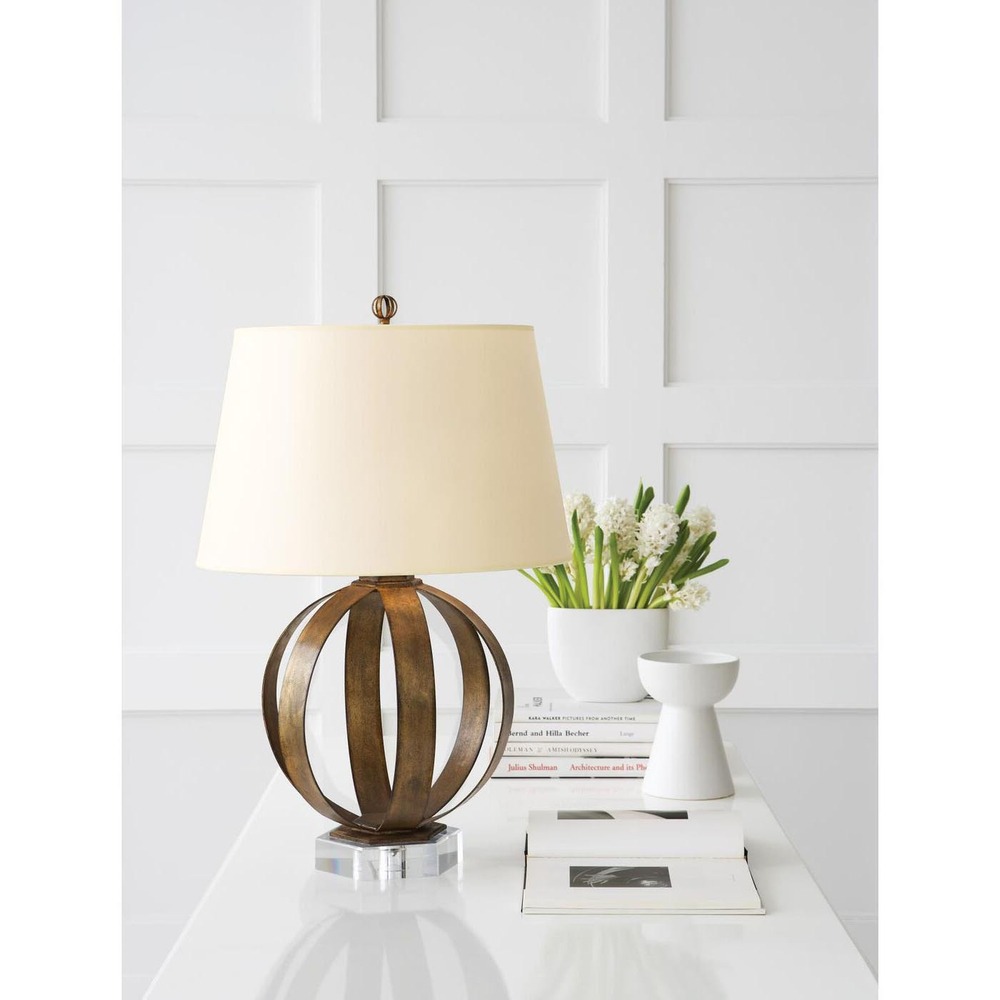 Metal Banded Table Lamp in Aged Iron with Natural Paper Shade